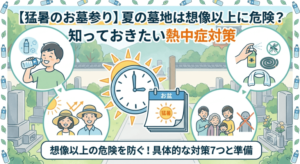 夏のお墓参りでの熱中症対策を解説するイラスト