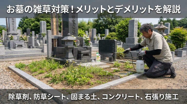 お墓の雑草対策のメリットとデメリットを解説するイメージ