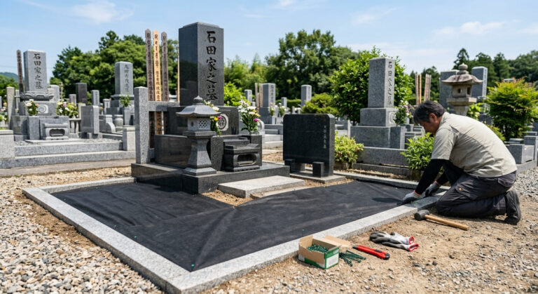 お墓の雑草対策として防草シートを施工している様子