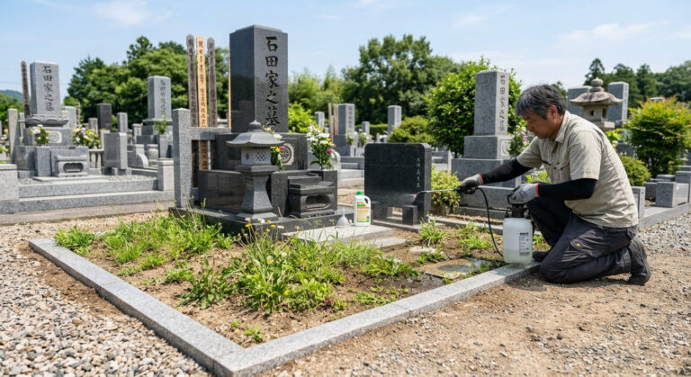 お墓の雑草対策として除草剤を散布している様子